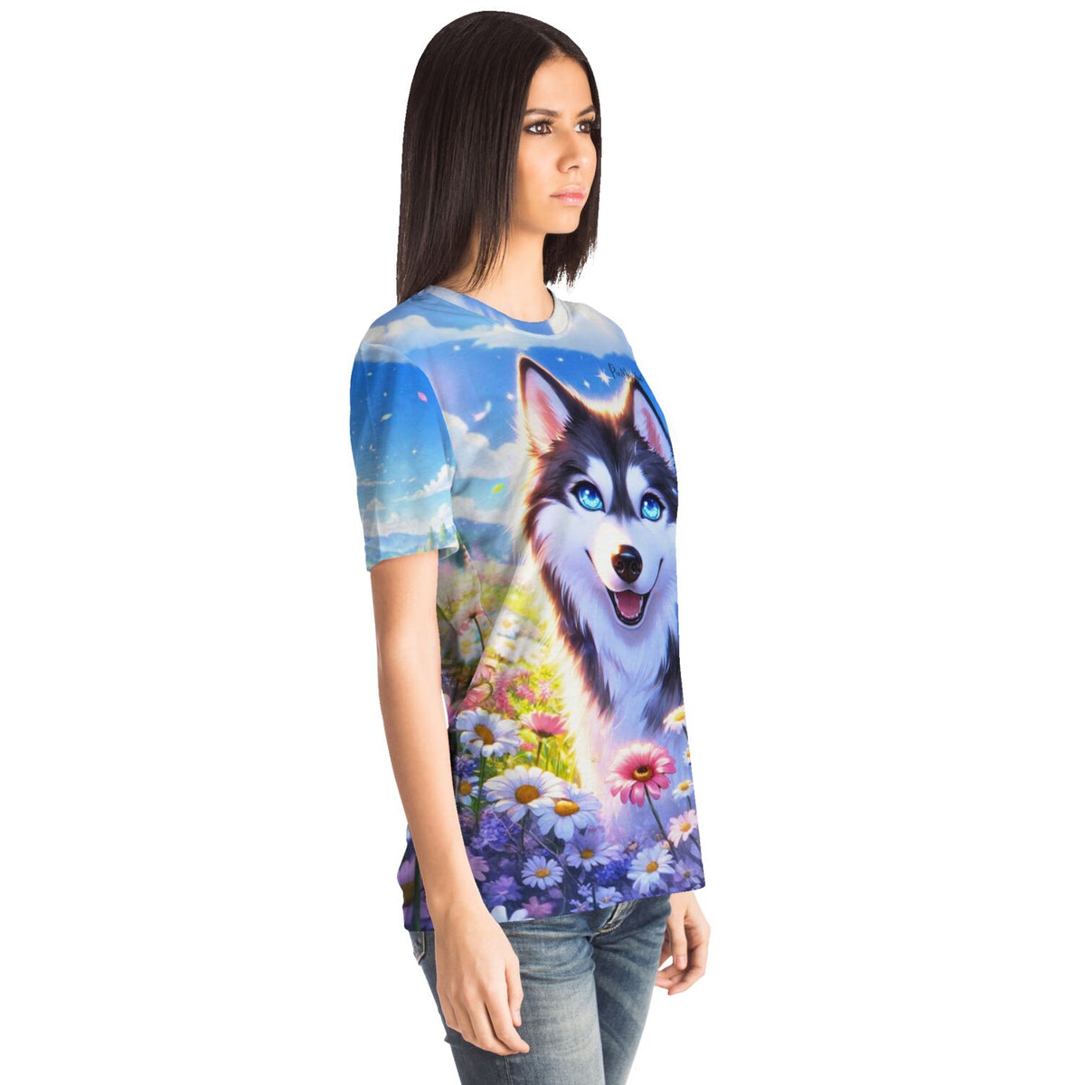 Frau trägt Dreamer T-Shirt mit Husky-Motiv in Blumenwiese, perfekt für Fans von Malen nach Zahlen und Diamond Painting
