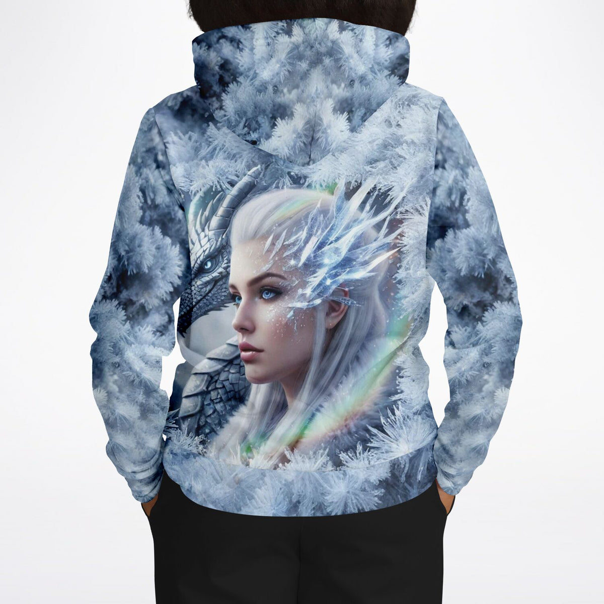Dreamer Hoodie Dragon Queen mit frostigem Drachen-Motiv in blau-weißer Optik, passend zu Diamond Painting Kunstwerken