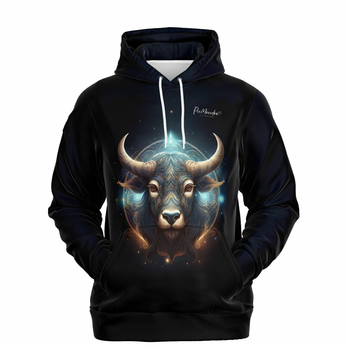 Schwarzer Dreamer Hoodie mit leuchtendem Sternzeichen Stier Motiv im künstlerischen Design für Fans von Diamond Painting