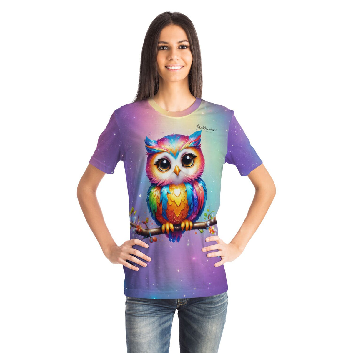 Frau trägt buntes T-Shirt mit bunter Eule Fridolin, inspiriert von Diamond Painting Motiven und Malen nach Zahlen Design