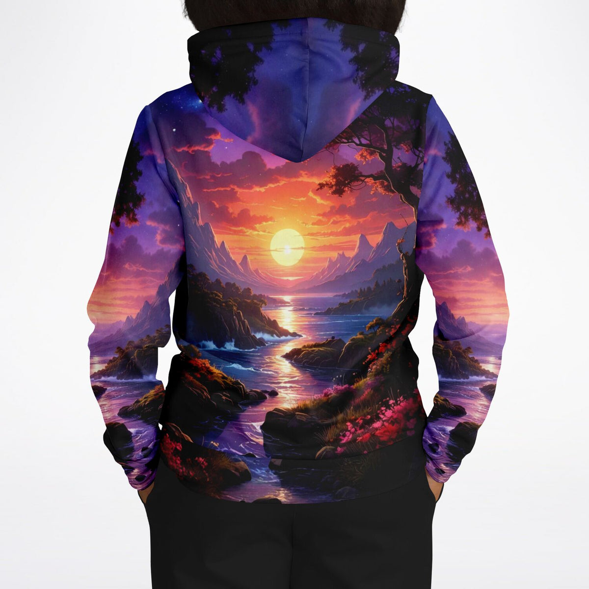 Dreamer Hoodie Melodie des Lichts mit kunstvollem Landschafts-Print, Sonnenuntergang und Bergsee in leuchtenden Farben