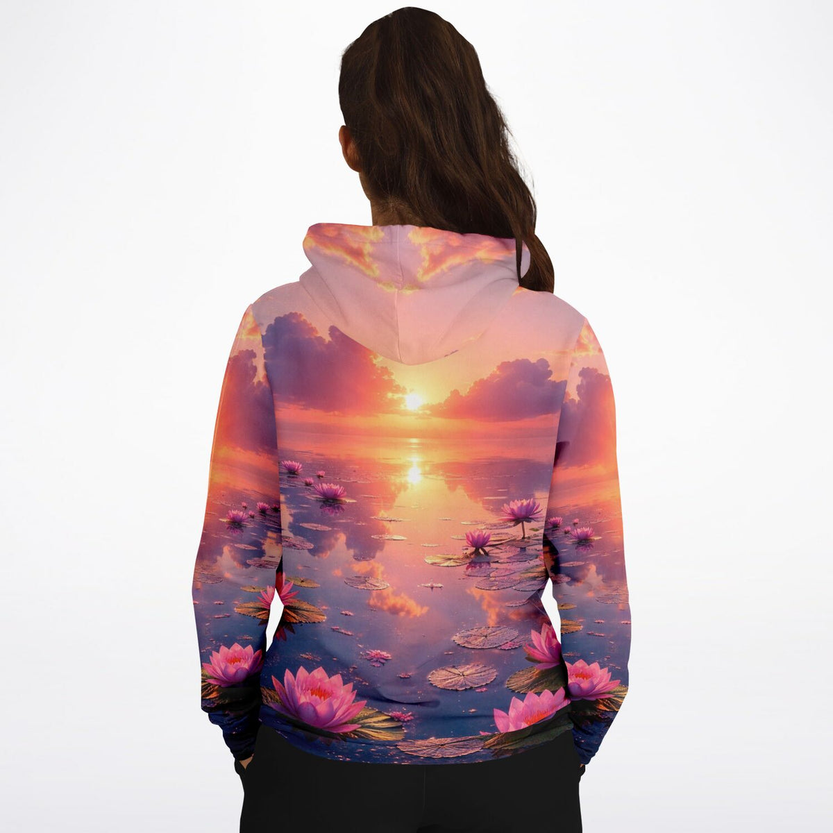 Dreamer Hoodie Abenddämmerung mit Seerosen und Sonnenuntergang Motiv im AOP-Design