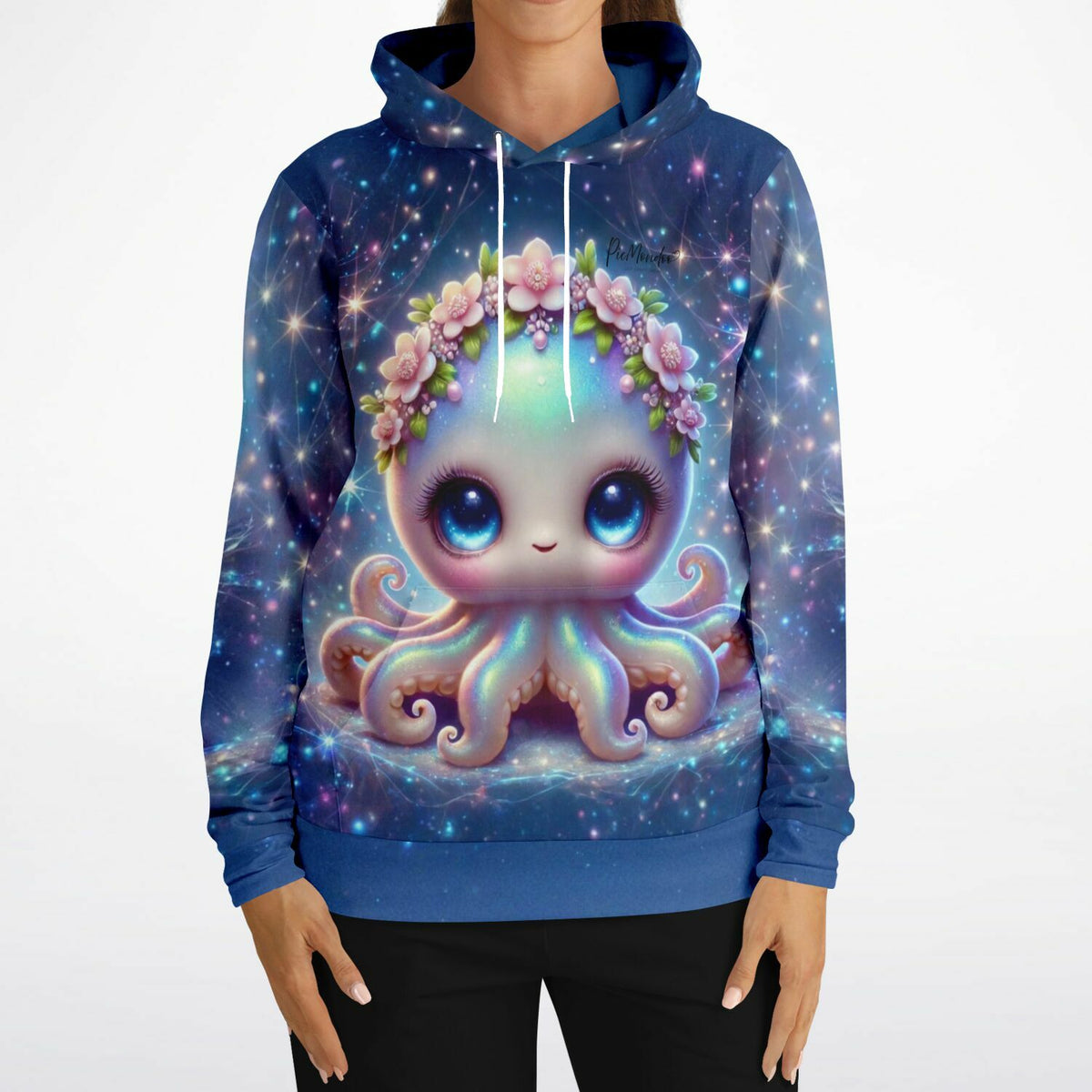 Dreamer Hoodie mit niedlichem Oktopus-Motiv, Blumenkranz und magischem Galaxie-Print im picmundoo.comsign