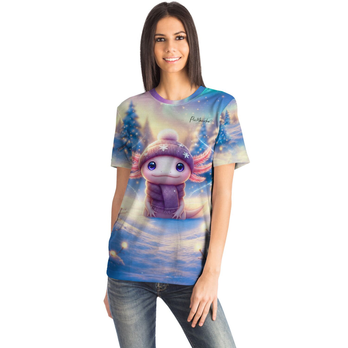 Frau trägt T-Shirt mit niedlichem Axolotl Motiv im Winter-Design, passend zu Diamond Painting und Malen nach Zahlen Stil.