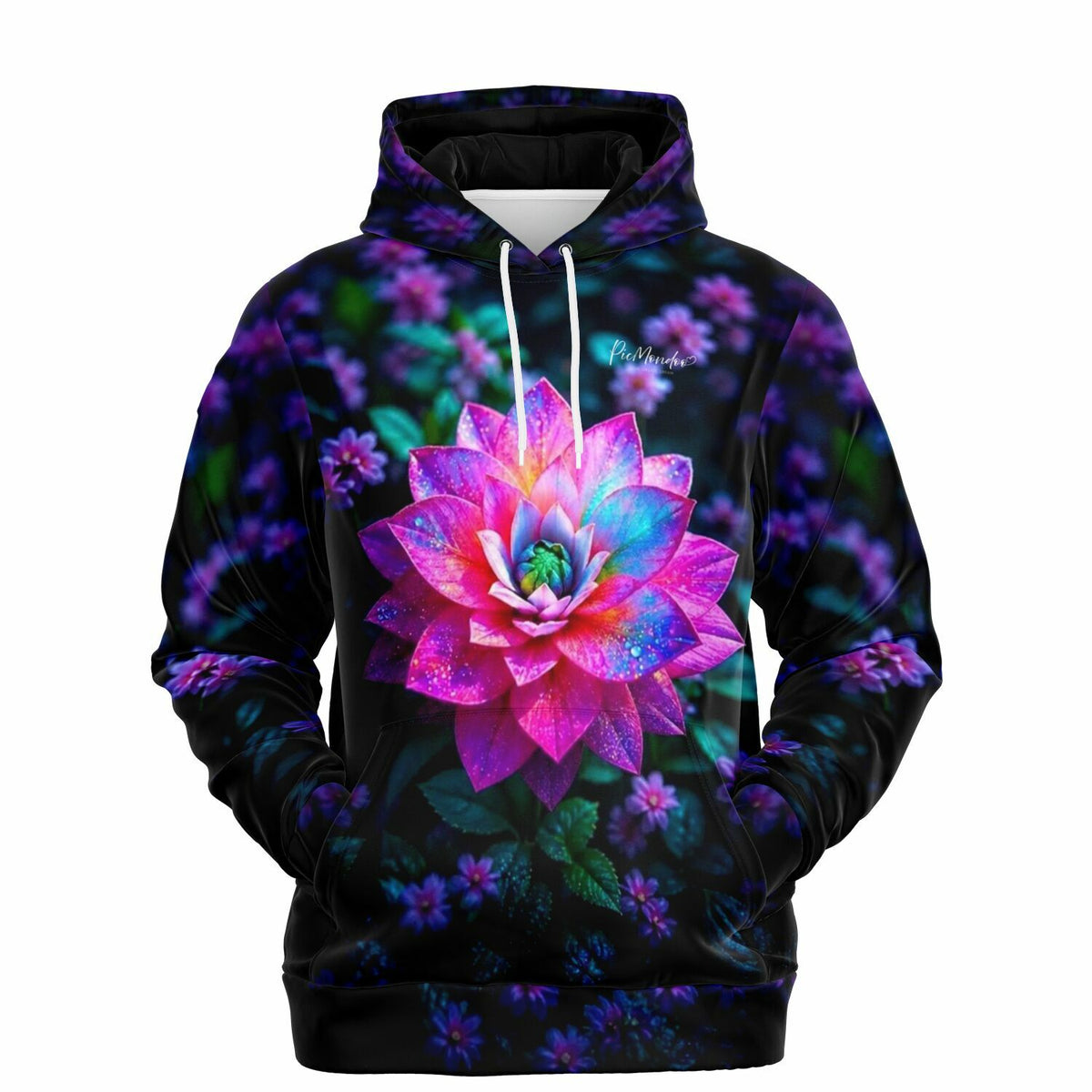Dreamer Hoodie Sternenstaub Lotus mit farbenfrohem blühendem Blumenmotiv im Diamond Painting Stil auf schwarzem Stoff