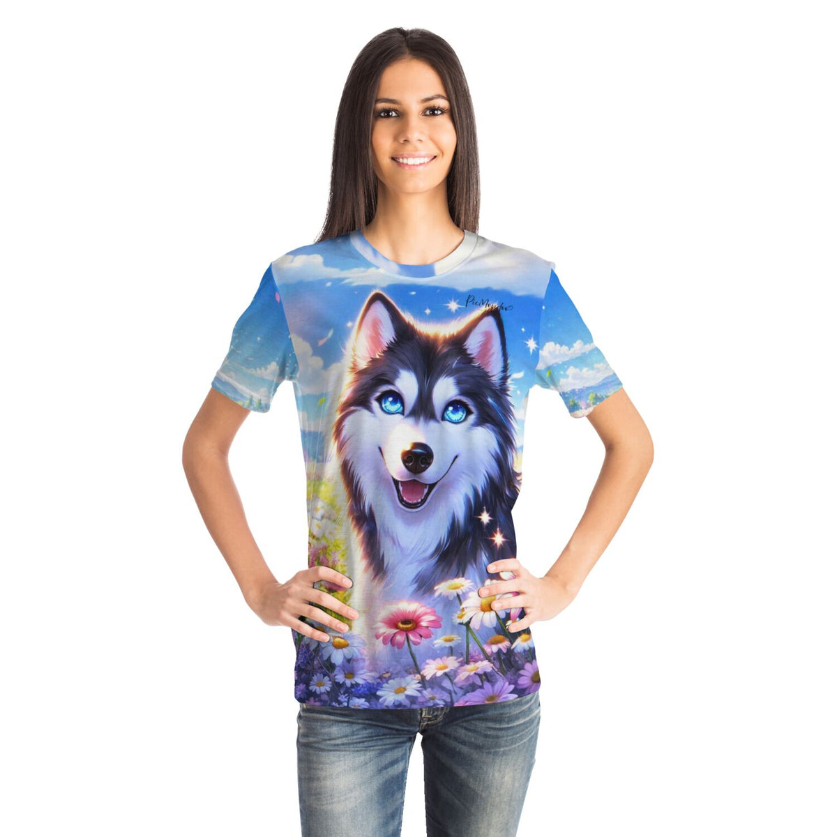 Frau trägt Dreamer T-Shirt mit Husky-Motiv im Stil unserer Diamond Painting und Malen nach Zahlen Designs