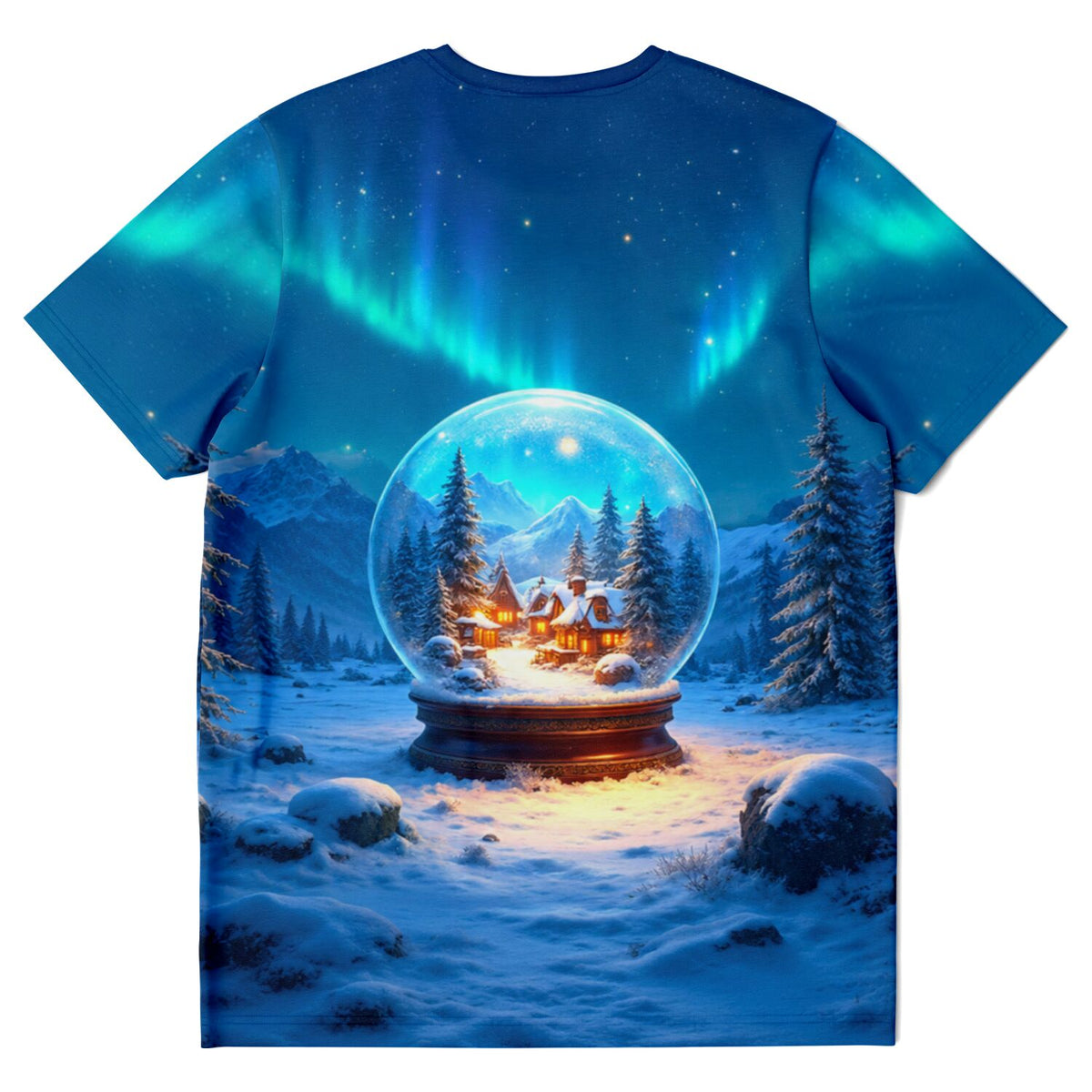T-Shirt mit Schneekugel-Motiv, verschneiter Winterlandschaft, Polarlicht und gemütlicher Hütte im Diamond Painting Stil