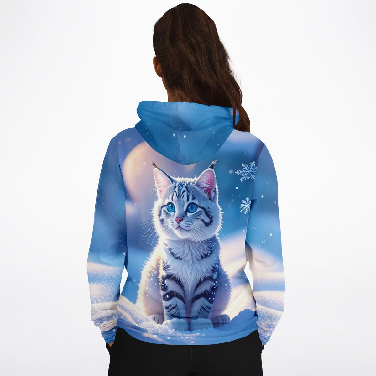 Dreamer Hoodie Schneegeist mit Katzen-Motiv in Winterlandschaft, ideal als Vorlage für Diamond Painting oder Malen nach Zahlen