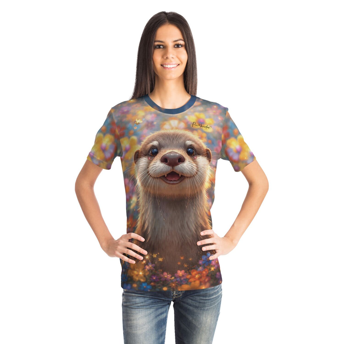 Frau trägt T-Shirt mit Otter-Motiv – im Design von Diamond Painting und Malen nach Zahlen Kunstwerken.
