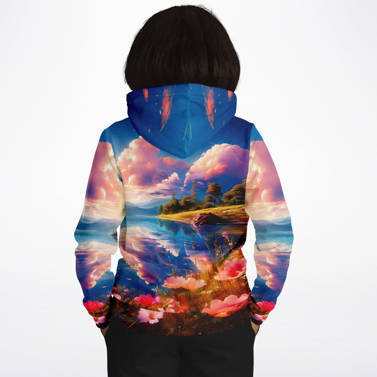 Dreamer Hoodie mit farbenfrohem See-Motiv, inspiriert von Diamond Painting Ästhetik und Malen nach Zahlen Designs.