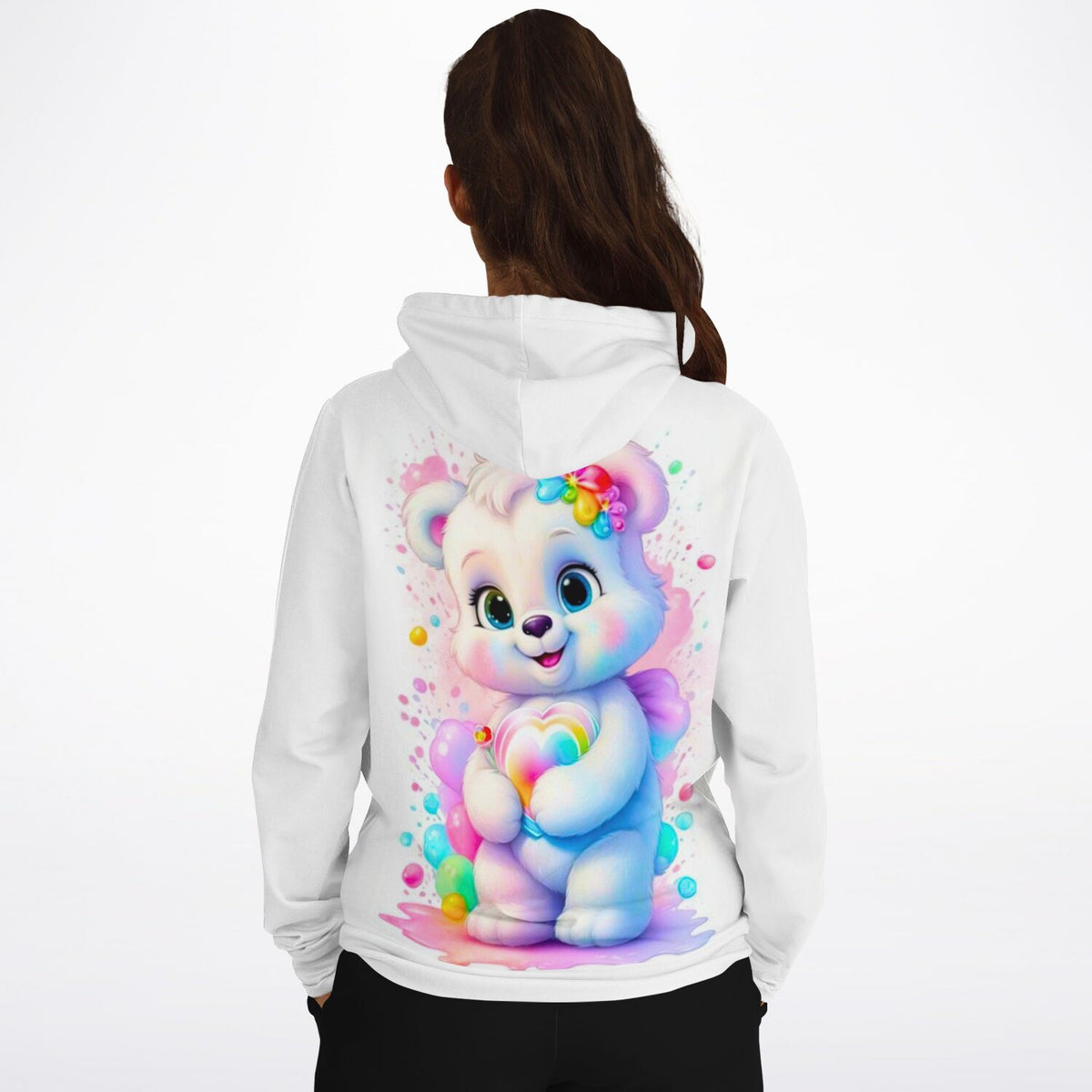 Weißer Kapuzenpullover mit buntem Herzensbärchen-Motiv im Stil von Diamond Painting und Malen nach Zahlen Designs