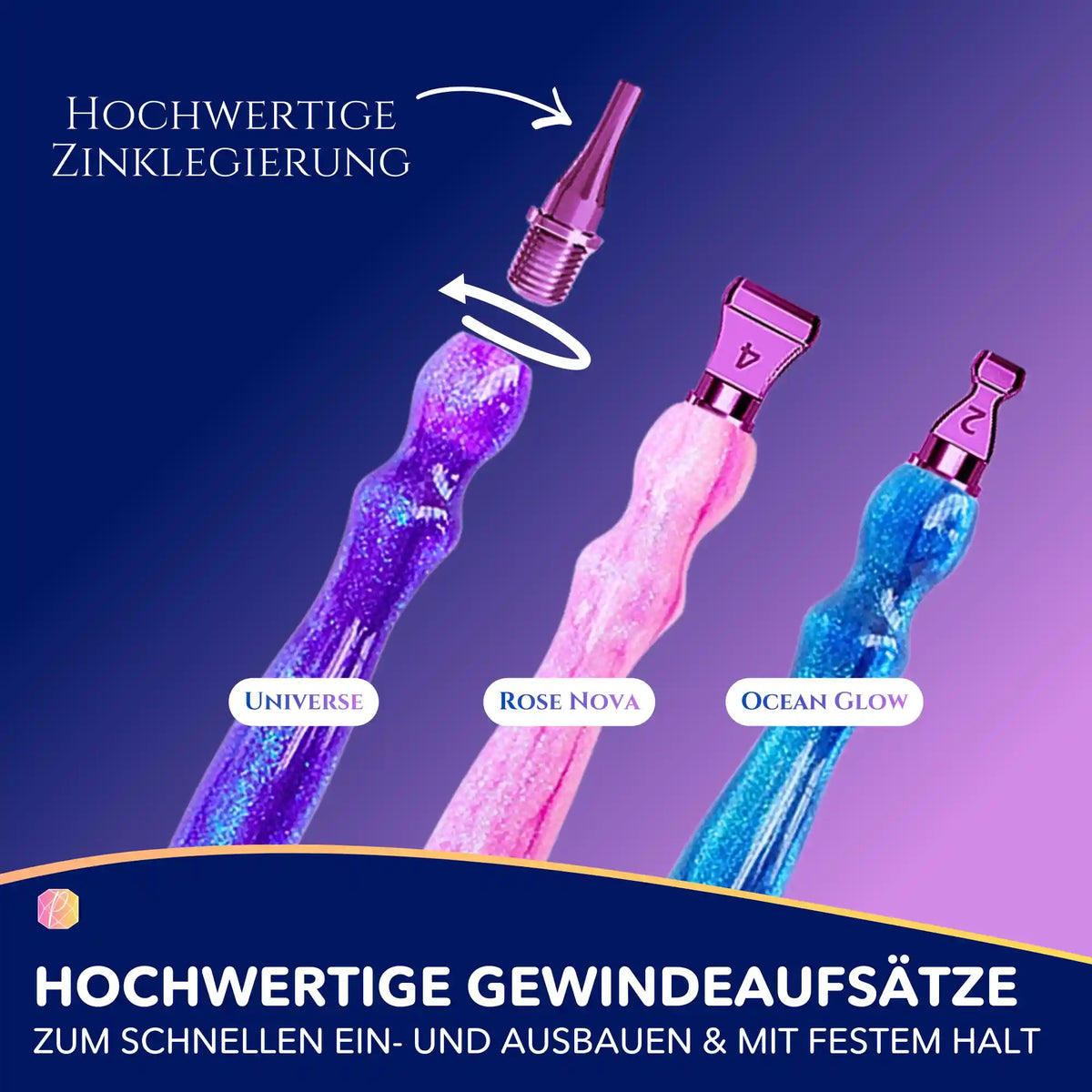 Diamond Painting Stifte-Set mit austauschbaren Zinklegierung-Aufsätzen für präzises Arbeiten am DIY-Kunstwerk.