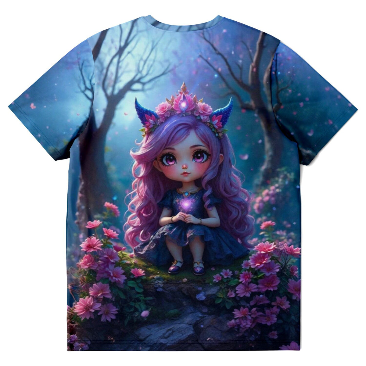 T-Shirt mit Little Violett Motiv im Stil von Diamond Painting, fantastisches Mädchen mit lila Haaren in Blumenwelt