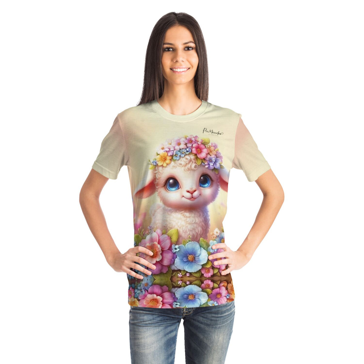 Frau trägt ein T-Shirt mit Osterlämmchen Lupina Motiv, inspiriert von unseren Diamond Painting & Malen nach Zahlen Sets