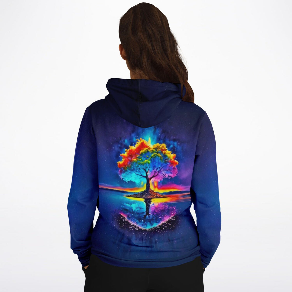 Dreamer Hoodie mit farbenfrohem Regenbogen-Baum Motiv im Stil von Diamond Painting und Malen nach Zahlen Kunstwerken