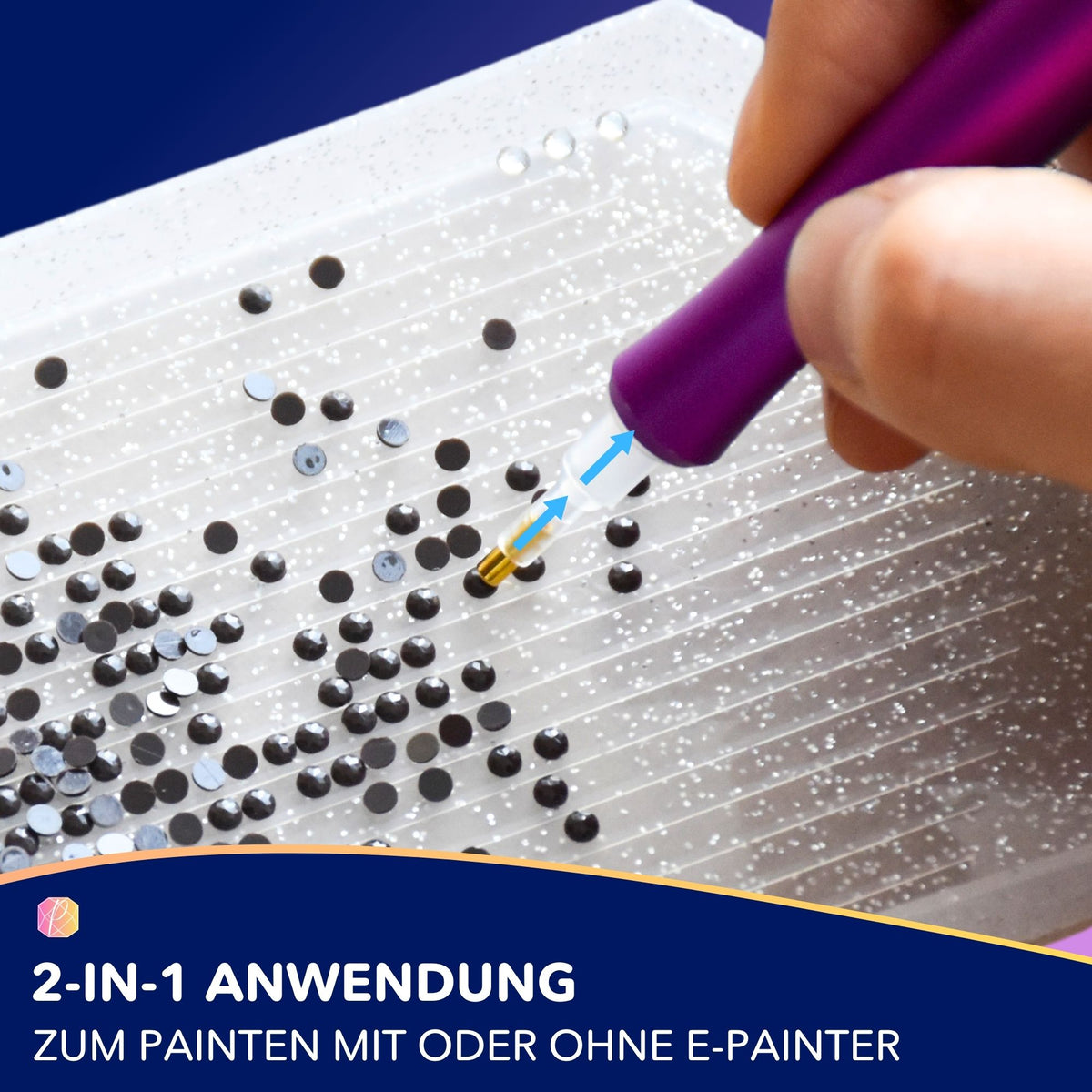 Lila E-Painter Aluminium Stift für Diamond Painting Zubehör beim Aufnehmen von schwarzen Glitzersteinen aus einer Schale