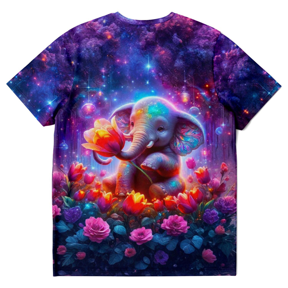 Dreamer T-Shirt mit Elefantenmädchen, inspiriert von Diamond Painting Motiven, in buntem Blumengarten und Sternenhimmel