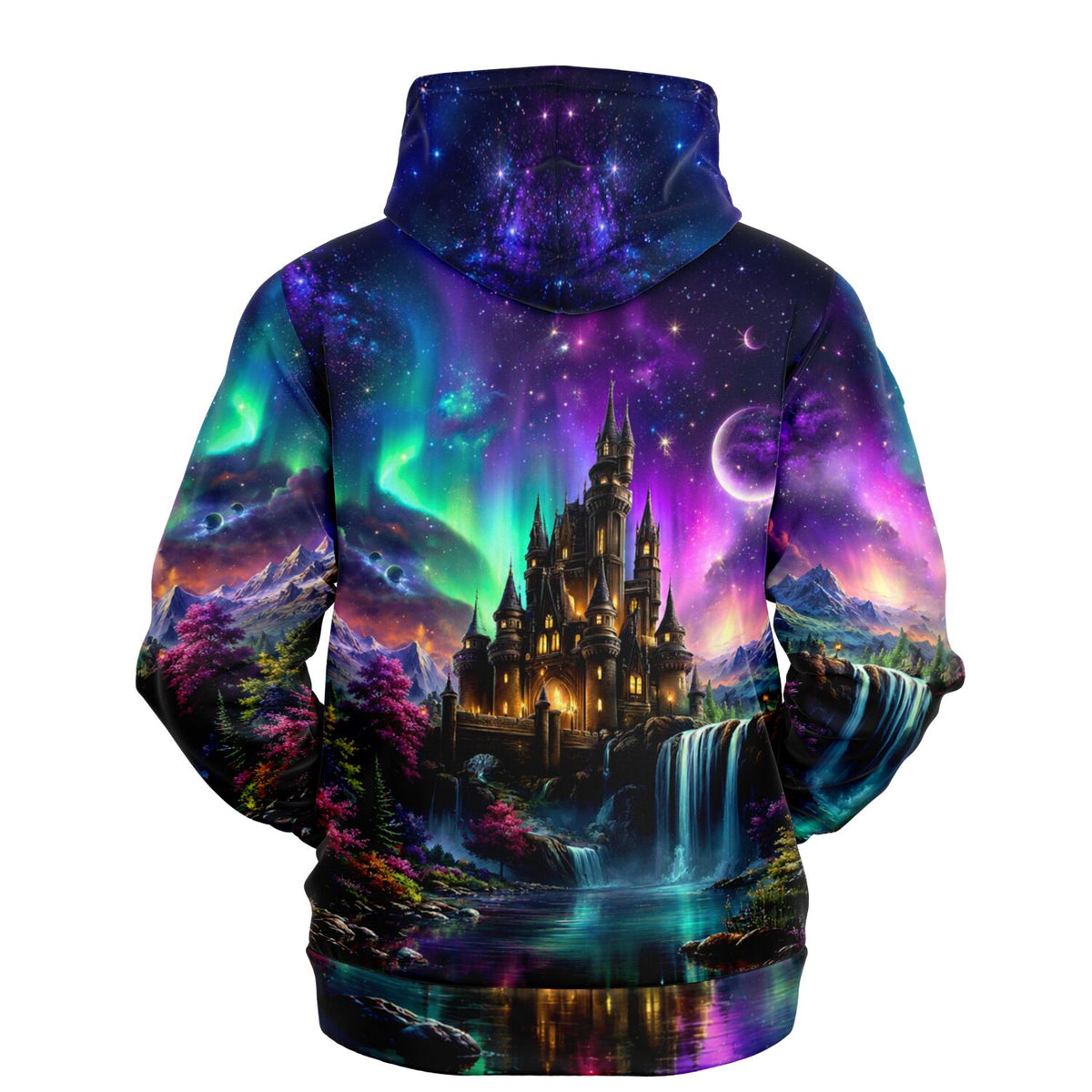 Dreamer Hoodie Echos des Himmels mit Schloss, Polarlichtern und Galaxie-Print im Stil von Diamond Painting Motiven