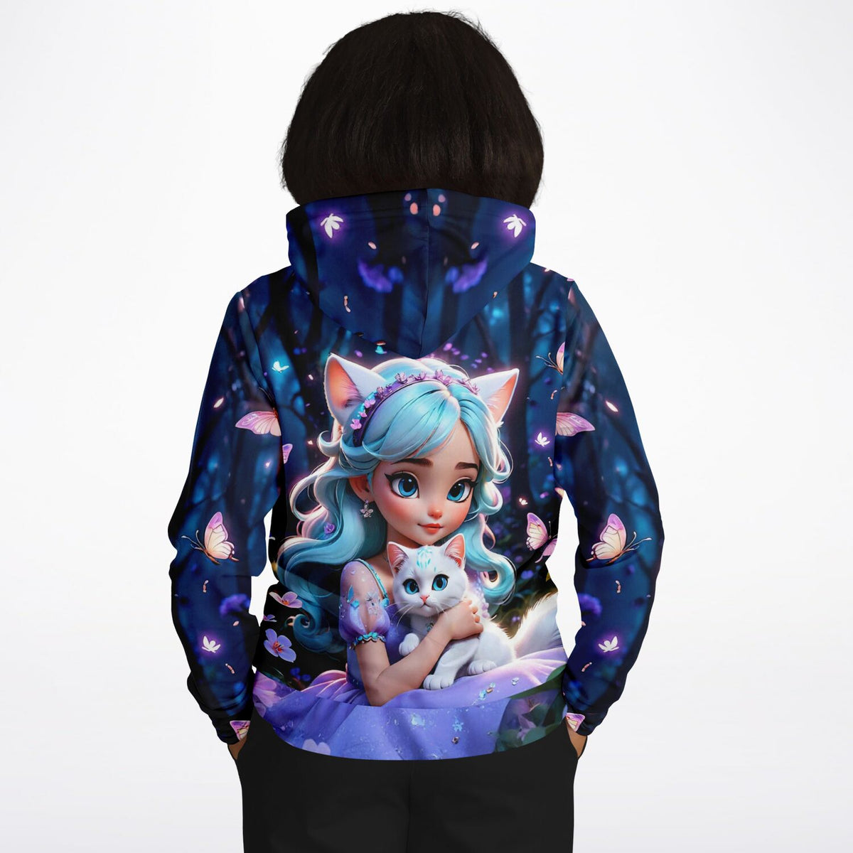 Dreamer Hoodie Kim Kitty Girl Design mit Anime-Mädchen, weißer Katze und Schmetterlingen im magischen Wald
