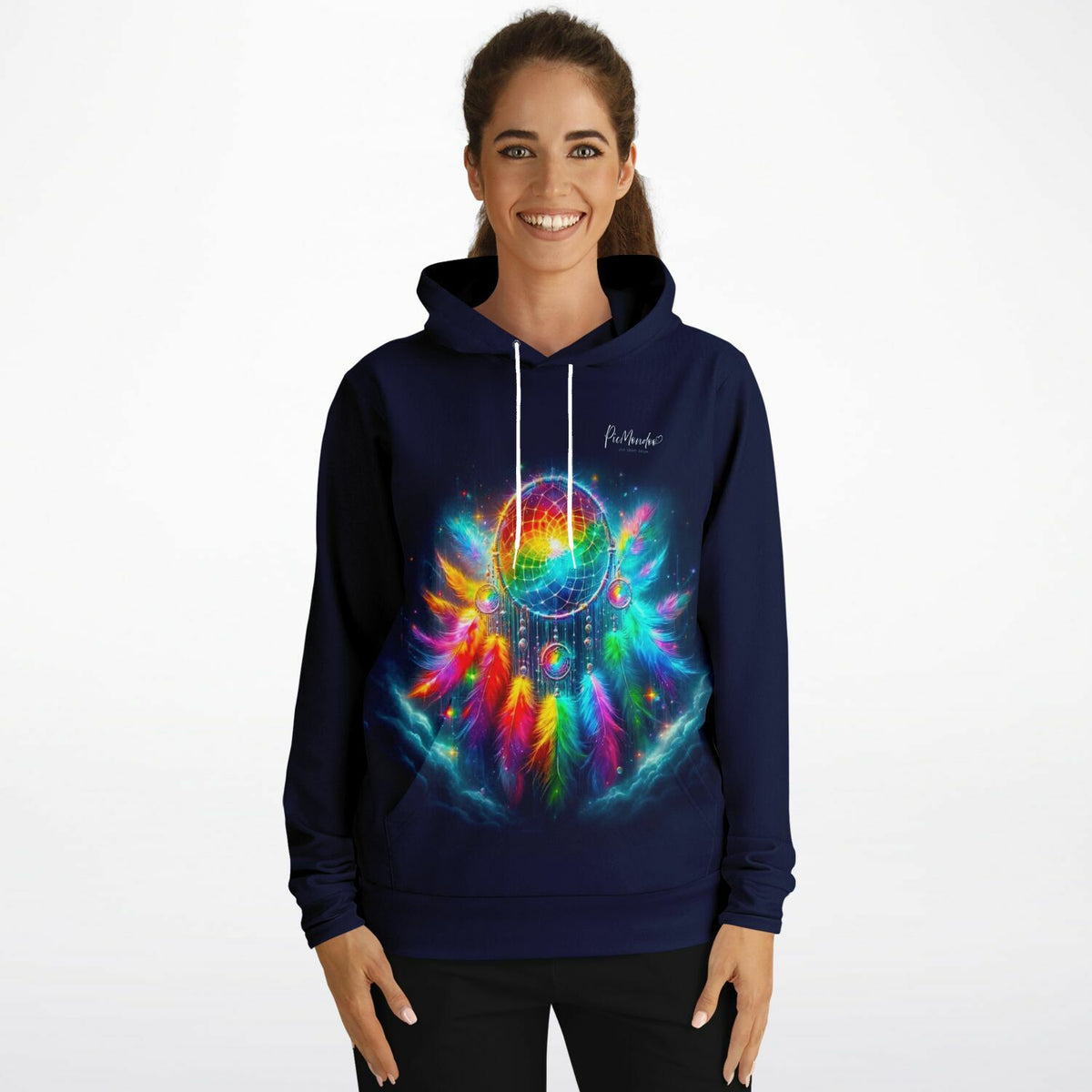 Dunkelblauer Dreamer Hoodie mit buntem Traumfänger-Motiv, inspiriert von Diamond Painting und Malen nach Zahlen Designs.