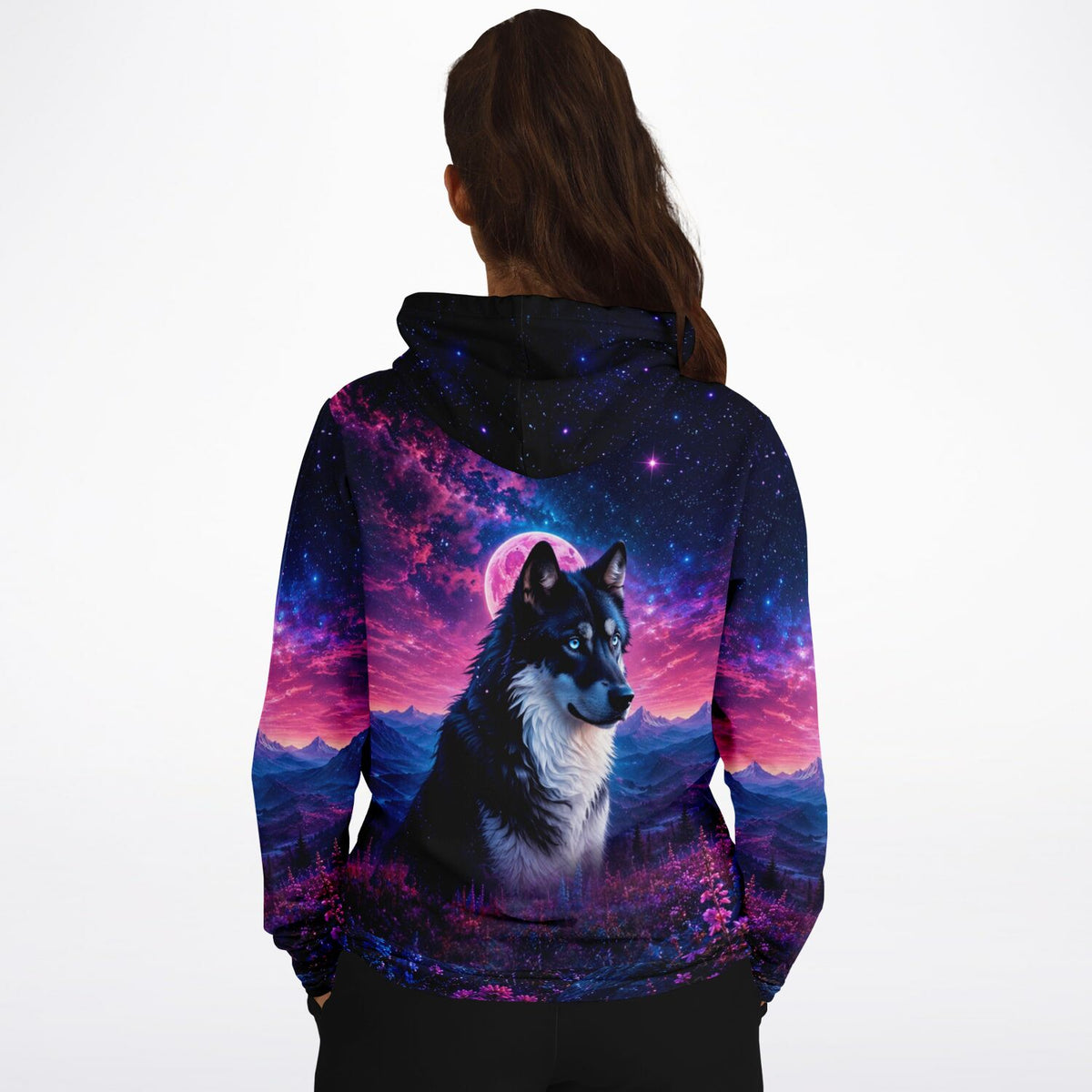 Dreamer Hoodie mit Wolf-Motiv, Sternenhimmel und Erdbeermond, passend zum Stil von Diamond Painting und Malen nach Zahlen