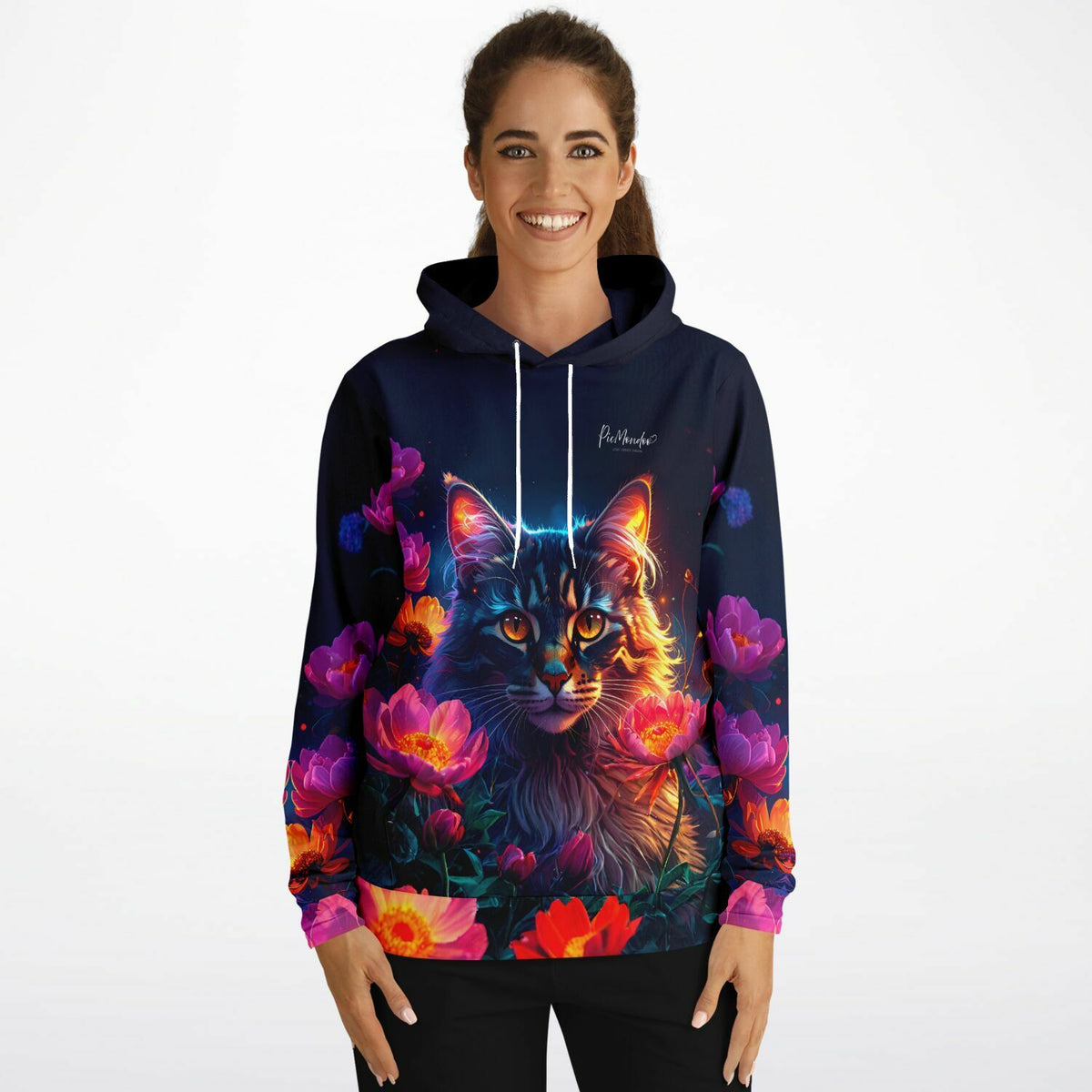 Dreamer Hoodie Hüterin der Nachtblüten mit farbenfrohem Katzenmotiv im Stil der Diamond Painting Kunst bei Picmondoo