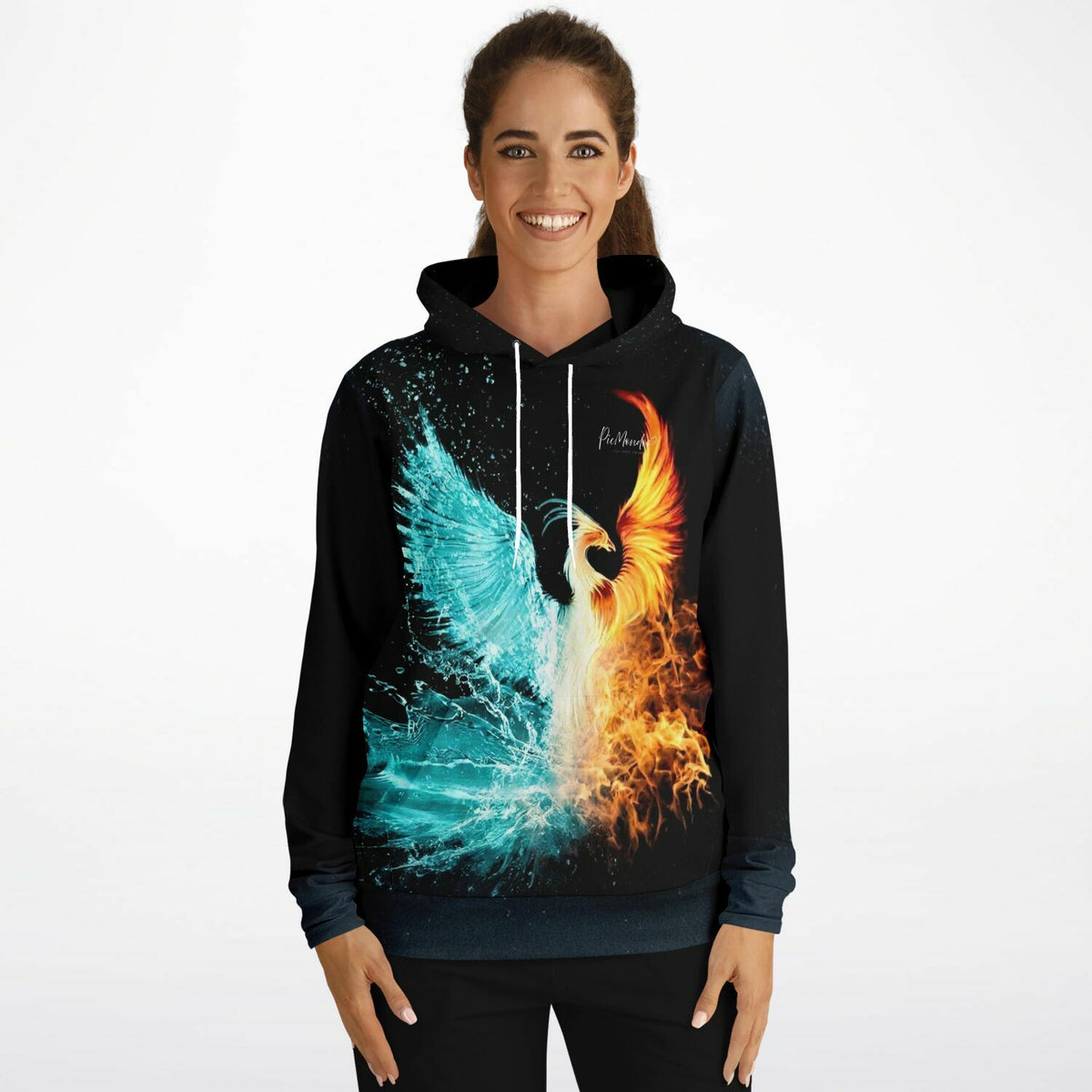 Dreamer Hoodie mit Phönix-Motiv aus Wasser und Feuer, passend zum Stil unserer Diamond Painting und Malen nach Zahlen Kunst.