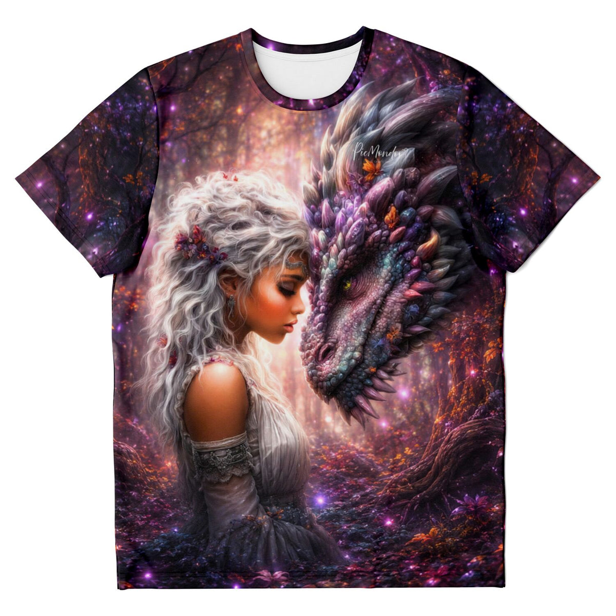T-Shirt mit Seelenbund Motiv: Frau und Drache in magischem Wald, beliebte Ästhetik wie bei Malen nach Zahlen für Erwachsene