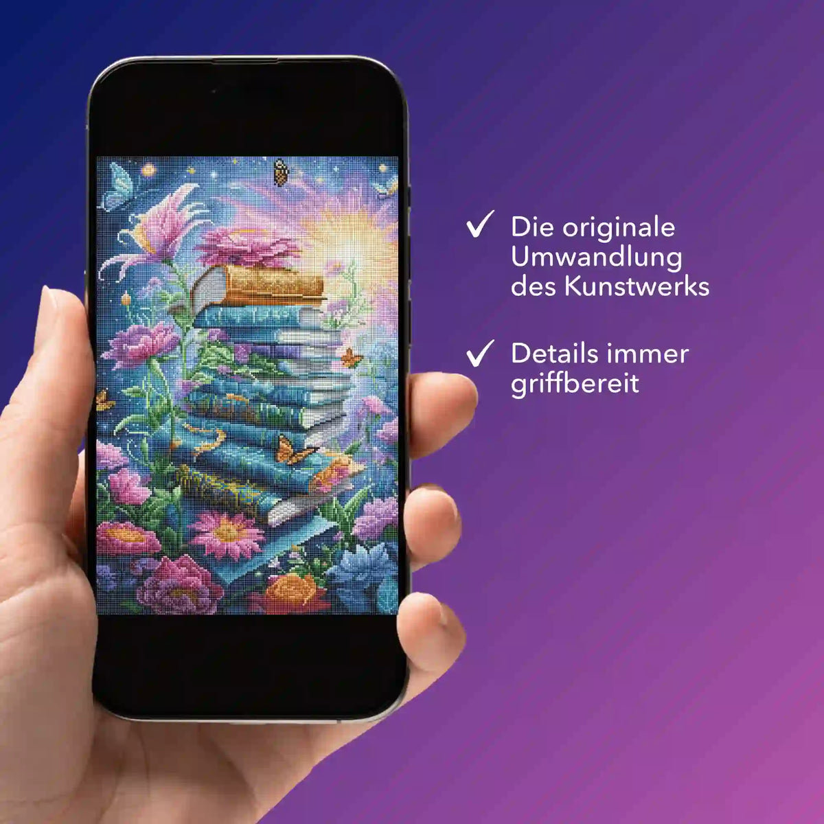 Digitale Bildmappe für Diamond Painting Motiv Book Lovers mit Büchern und Blumen auf dem Smartphone