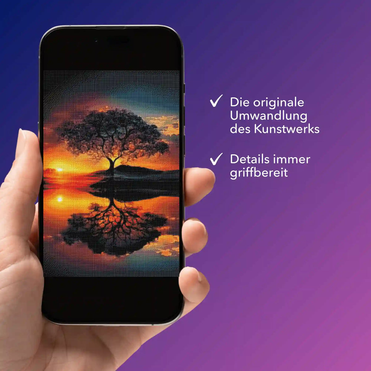 Digitale Diamond Painting Vorlage Baum im Sonnenuntergang auf Smartphone zur Nutzung der Picmondoo Bildmappe