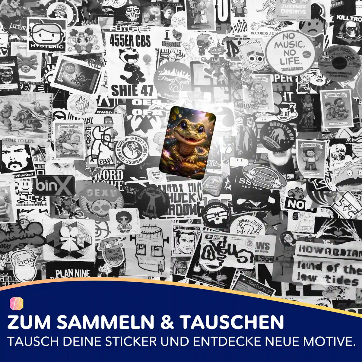 Farbenfroher Diamond Painting Aufkleber mit niedlichem Echsen-Motiv auf einer Collage aus schwarz-weißen Stickern