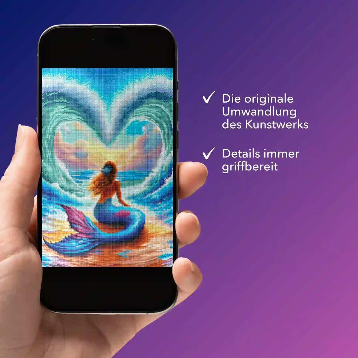 Digitale Diamond Painting Vorlage Liebe der Meerjungfrau als PDF Bildmappe auf einem Smartphone angezeigt