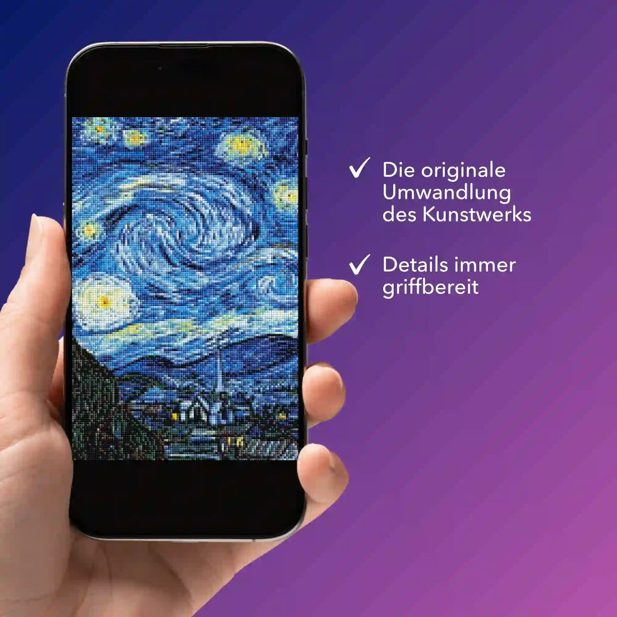 Smartphone-Ansicht einer digitalen Diamond Painting Bildmappe mit dem Van Gogh Motiv Sternennacht für DIY-Fans