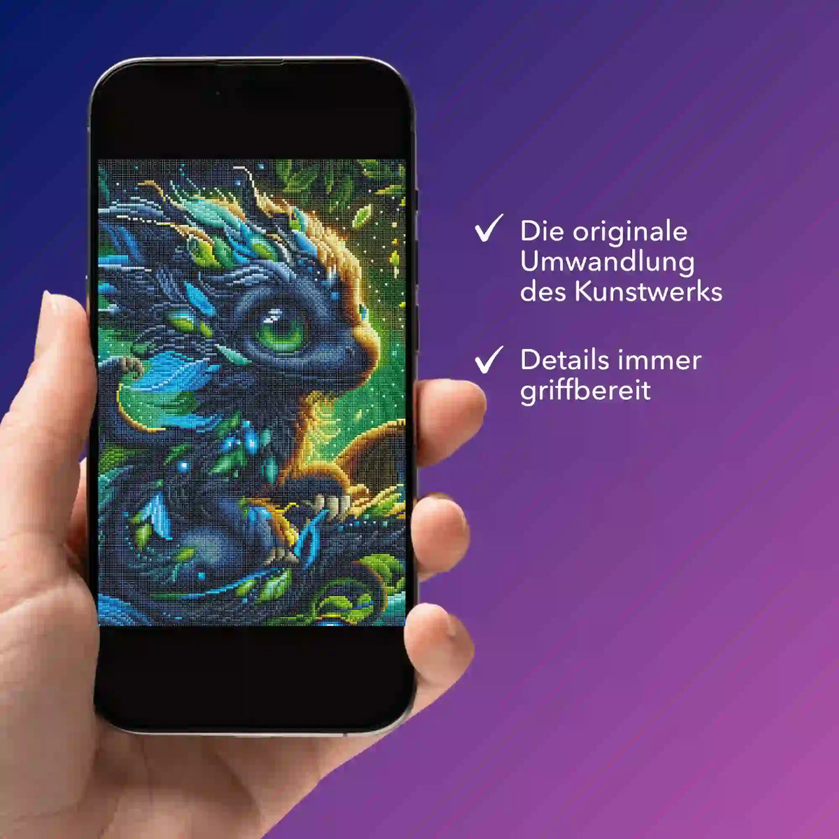 Digitale Diamond Painting Bildmappe Drago Drache als PDF auf einem Smartphone für kreative Diamond Painting Fans.