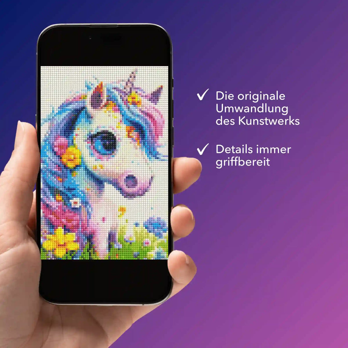 Digitale Diamond Painting Bildmappe als PDF auf Smartphone mit buntem Einhorn Motiv zur Vorlage für Diamanten Painting