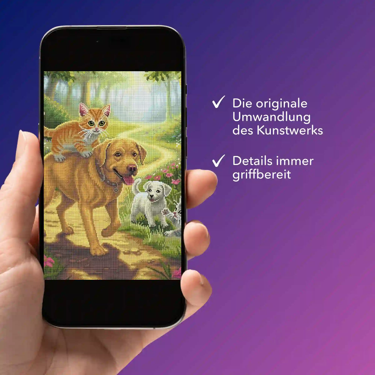 Digitale Picmondoo Bildmappe für Diamond Painting mit süßem Hunde- und Katzen-Motiv in einer Smartphone-App