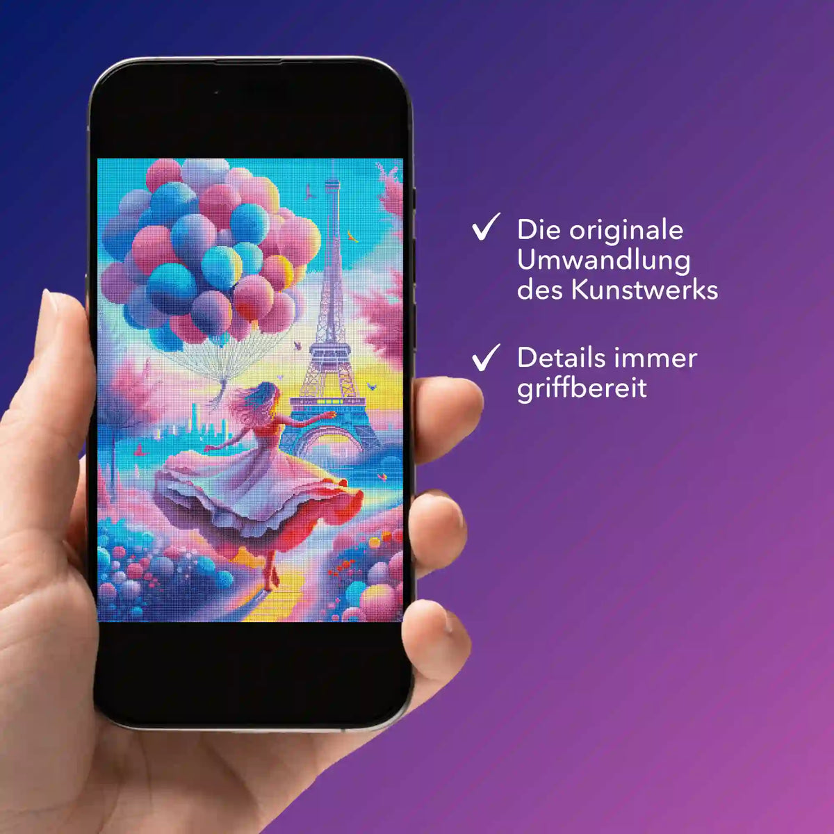 Digitale Diamond Painting Bildmappe mit Paris Motiv auf Smartphone: Frau mit Luftballons vor dem Eiffelturm