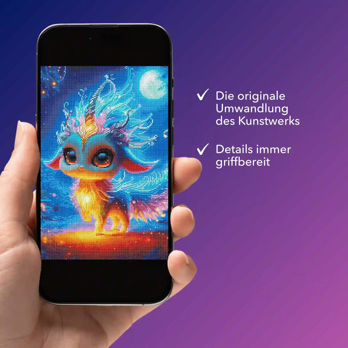 Digitale Diamond Painting Bildmappe als PDF auf Smartphone mit dem bunten Motiv Mondscheintanz für kreative DIY-Fans