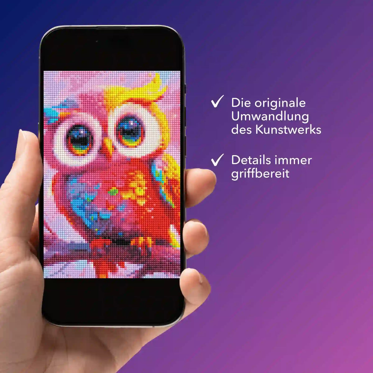 Digitale Diamond Painting Vorlage Eulchen Eulalia auf Smartphone für einfaches Diamond Painting Design