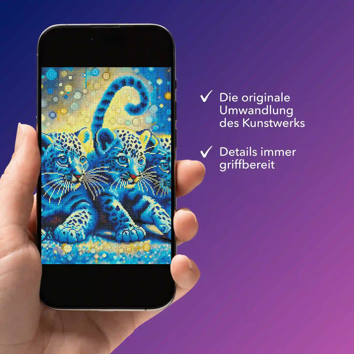 Digitale Diamond Painting Vorlage mit Leopardenbabys als PDF auf dem Smartphone für kreative Kunstprojekte.