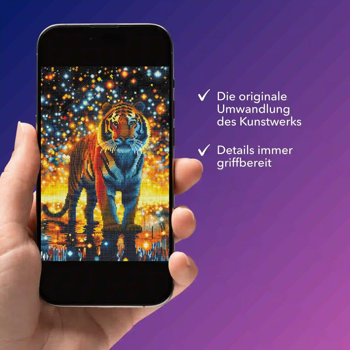 Smartphone zeigt digitale Diamond Painting Bildmappe mit Sternenwächter Tiger Motiv für DIY-Kunstwerke