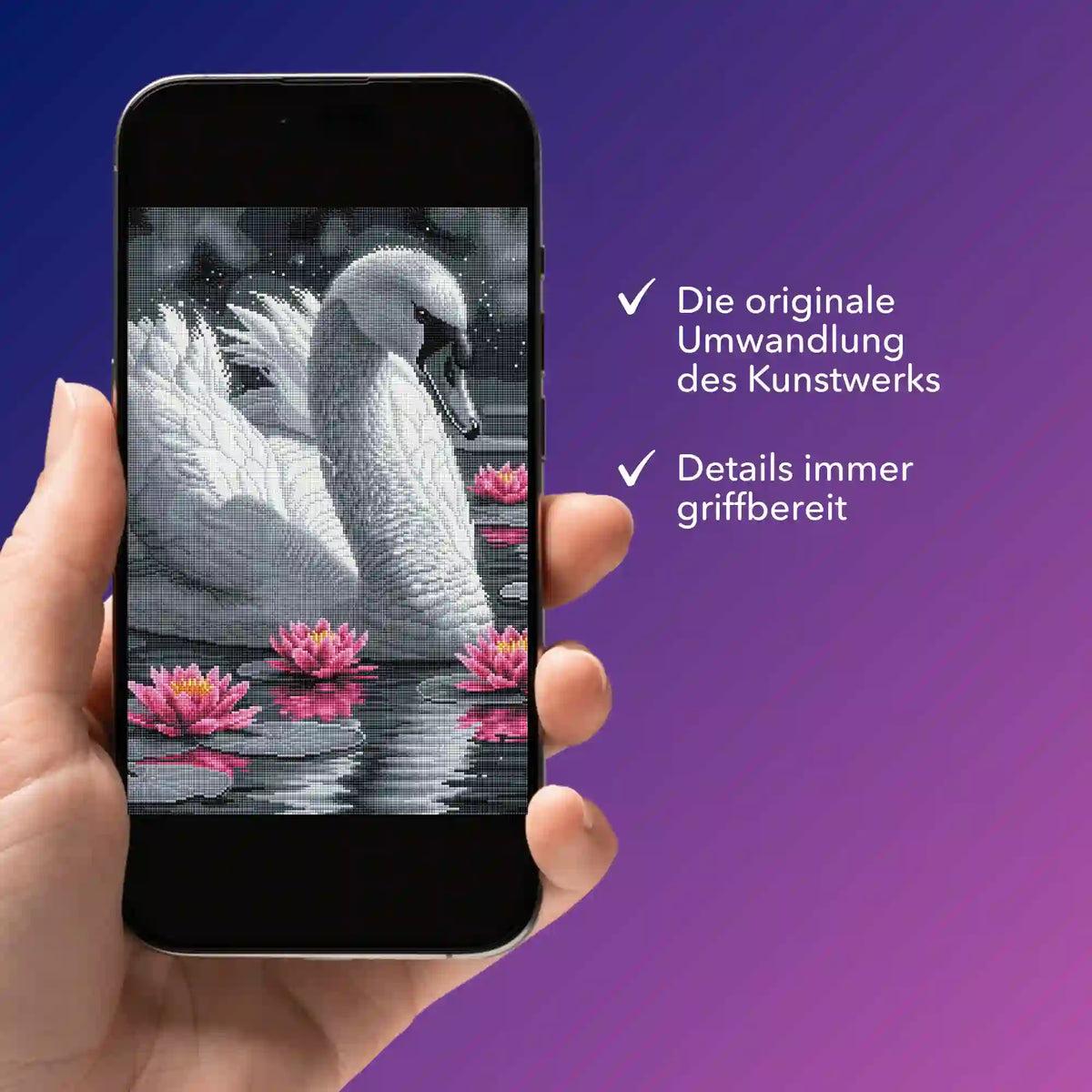 Digitale Diamond Painting Vorlage Schwan im Seerosensee auf einem Smartphone als hochwertige Bildmappe von Picmondoo.