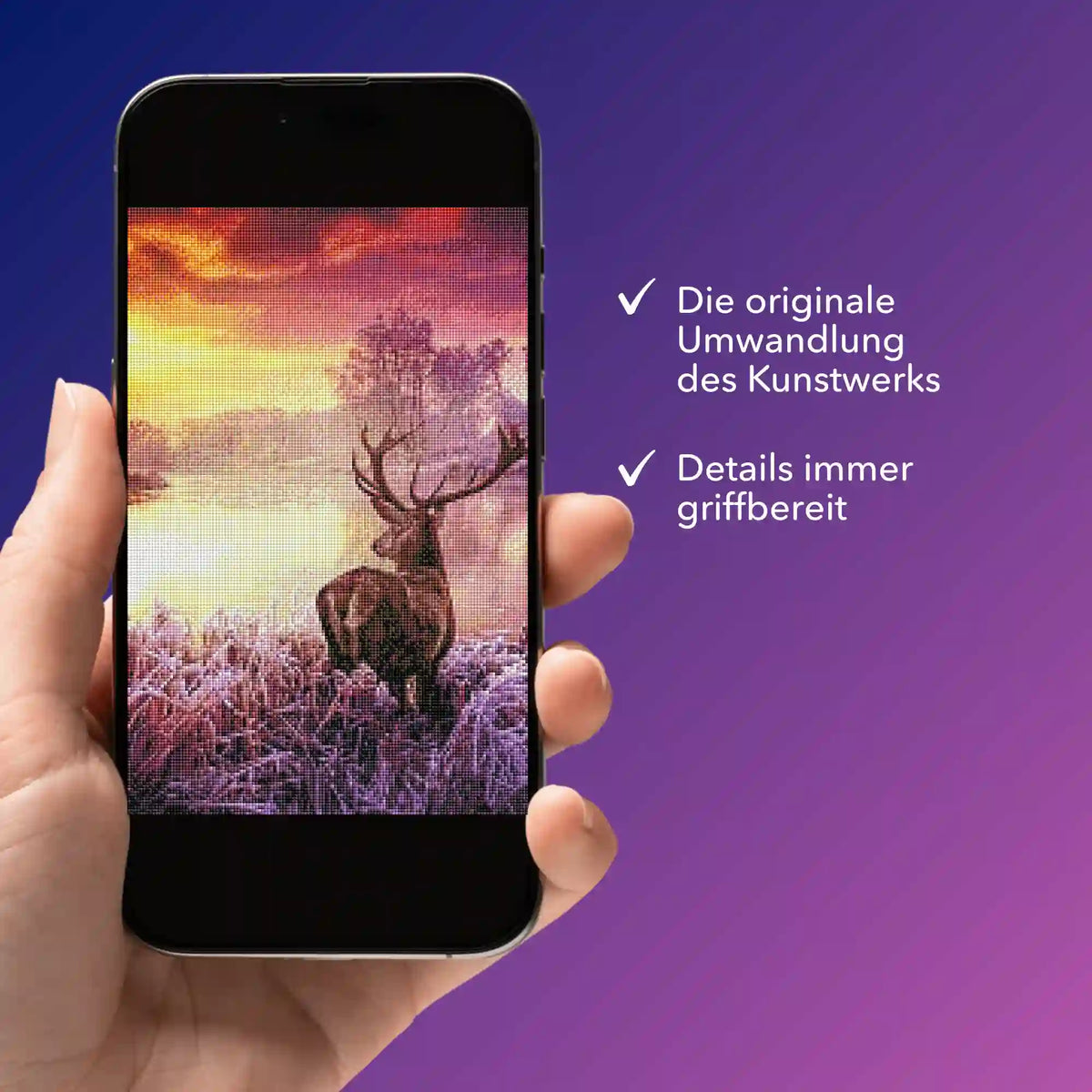 Digitale Diamond Painting Vorlage mit Hirsch im Sonnenaufgang auf Smartphone-Bildschirm für kreative DIY-Kunst