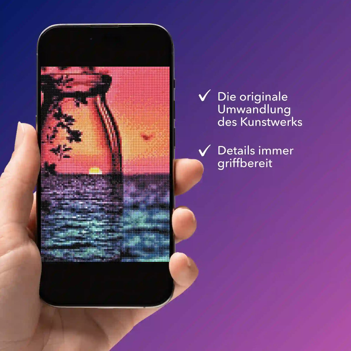 Digitale Diamond Painting Bildmappe Roter Sonnenuntergang auf einem Smartphone für einfache DIY-Projektverwaltung