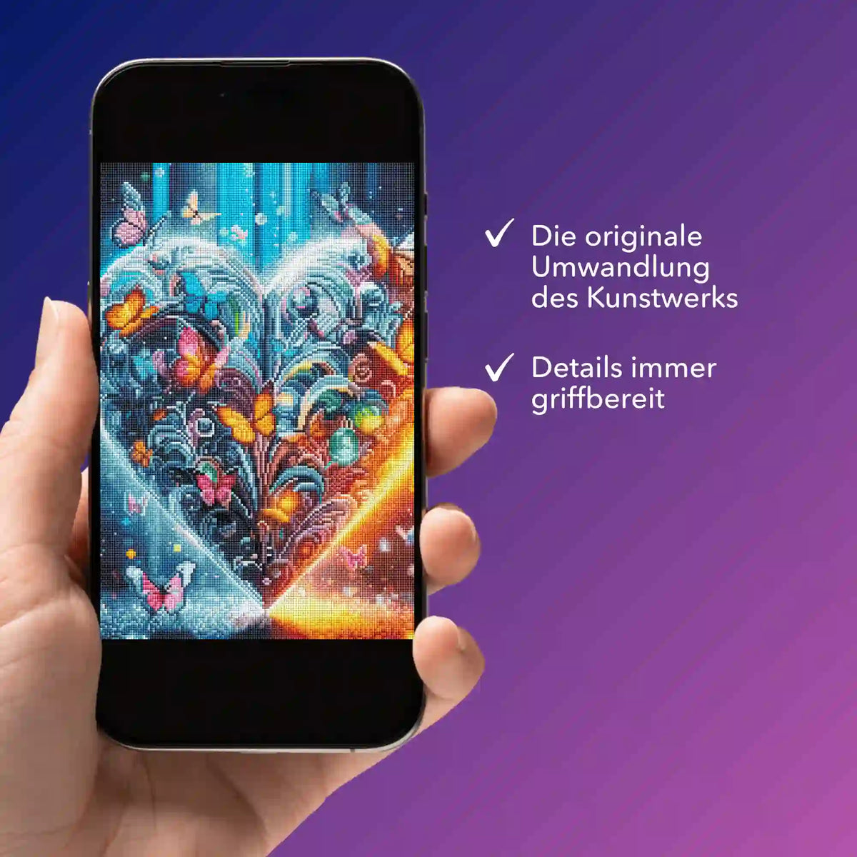 Digitale Diamond Painting Bildmappe als Schmetterlingsherz Motiv auf einem Smartphone zur mobilen Übersicht