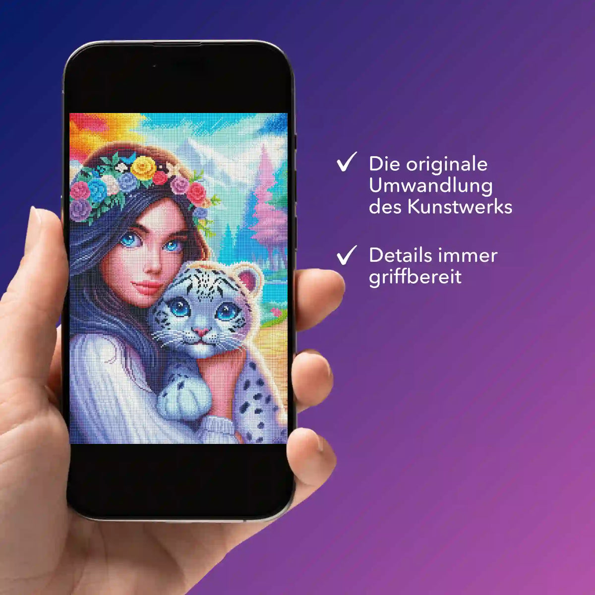Digitale Diamond Painting Vorlage Amira’s Paradies auf einem Smartphone für einfache Übersicht deines DIY Kunstwerks.