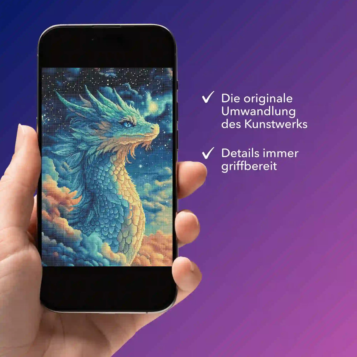 Smartphone mit digitaler Diamond Painting Vorlage Himmelsdrache Saphira für dein nächstes DIY-Projekt