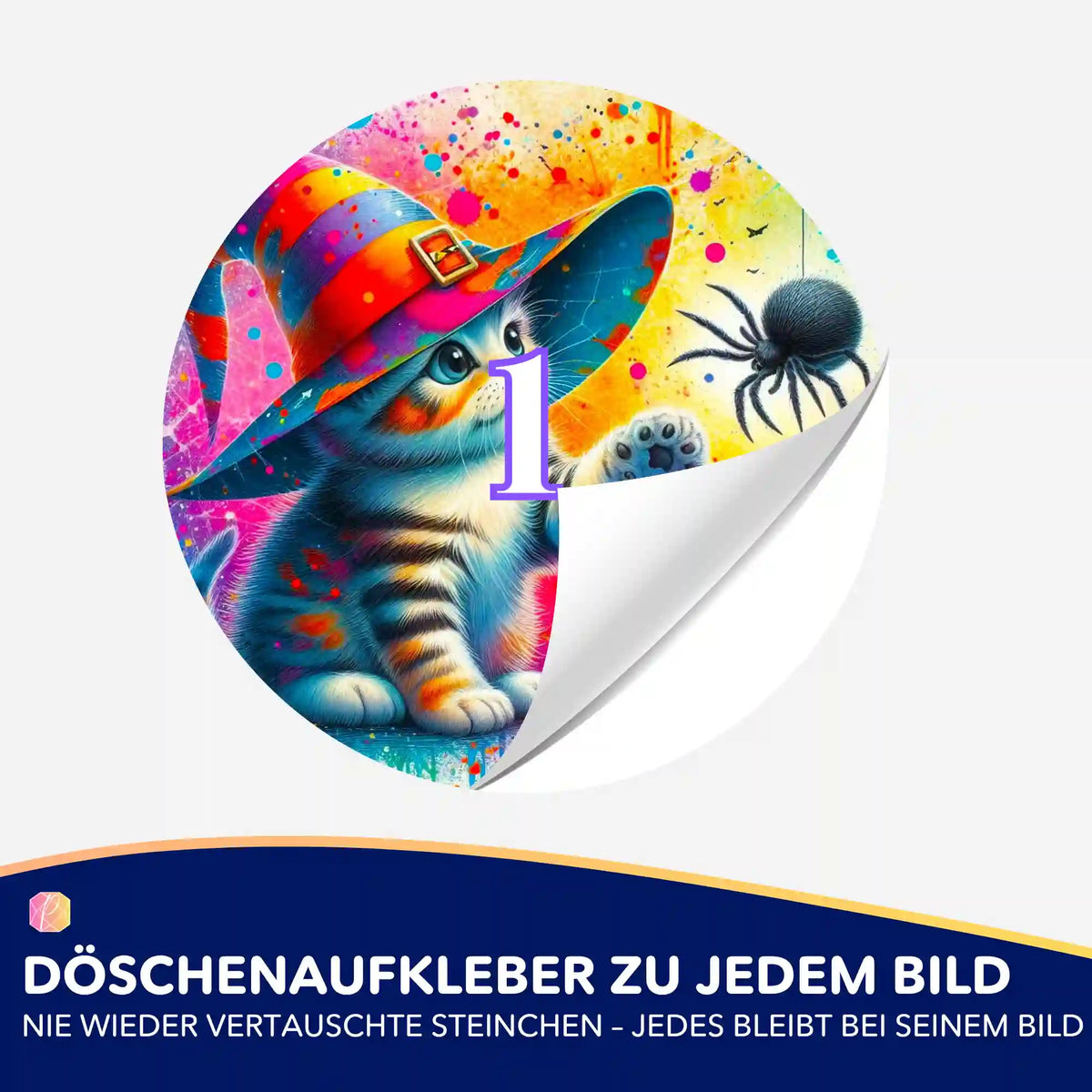 Bunter Döschenaufkleber mit Zauberkatze Kitty Cat für dein Diamond Painting Set zur übersichtlichen Steinchen-Sortierung