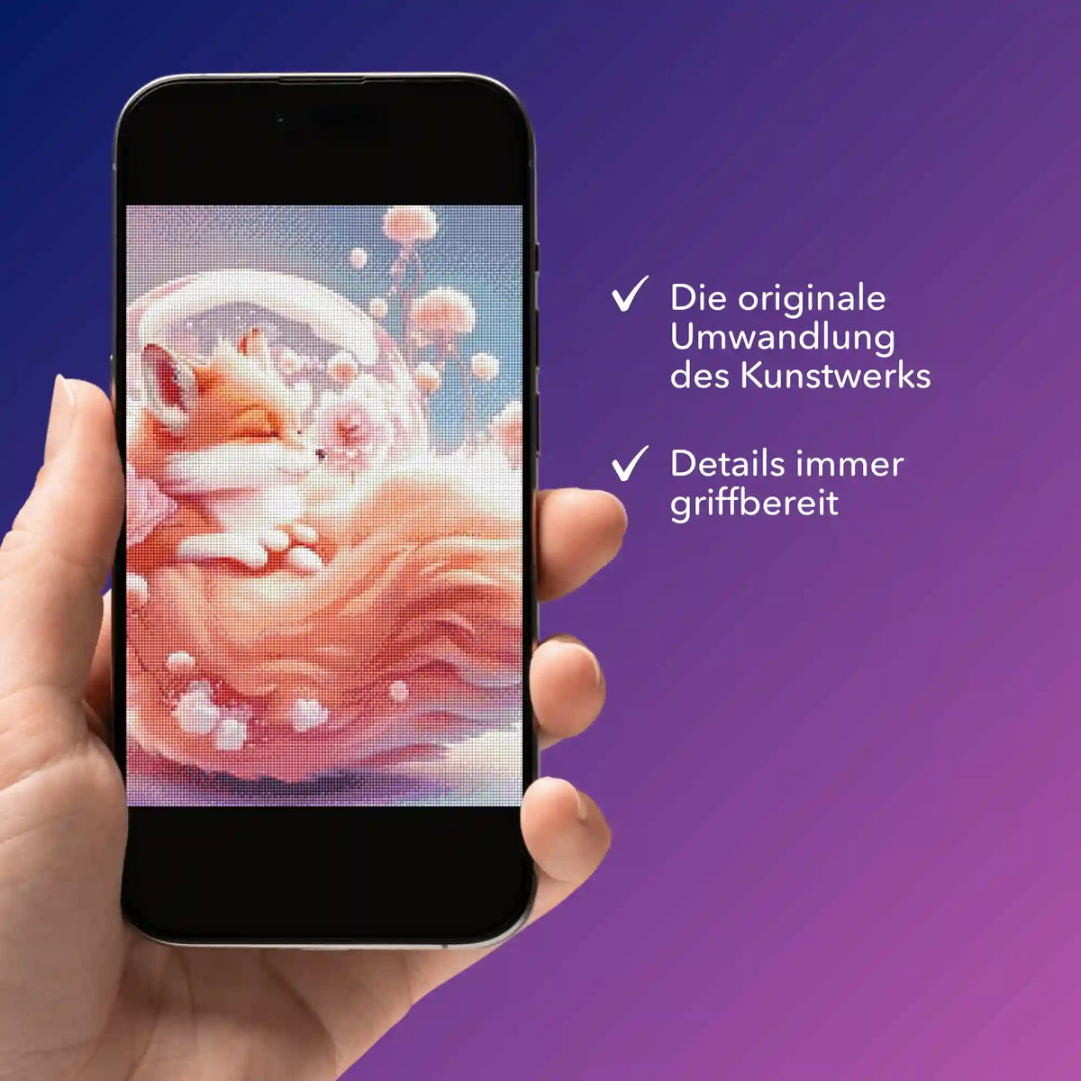 Digitale Diamond Painting Bildmappe als PDF mit niedlichem Fuchs-Motiv auf einem Smartphone angezeigt.