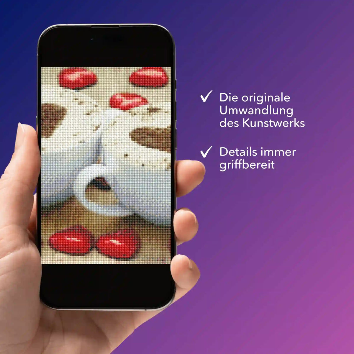 Digitale Diamond Painting Bildmappe mit Kaffeemotiv auf dem Smartphone für kreative Diamond Painting Projekte